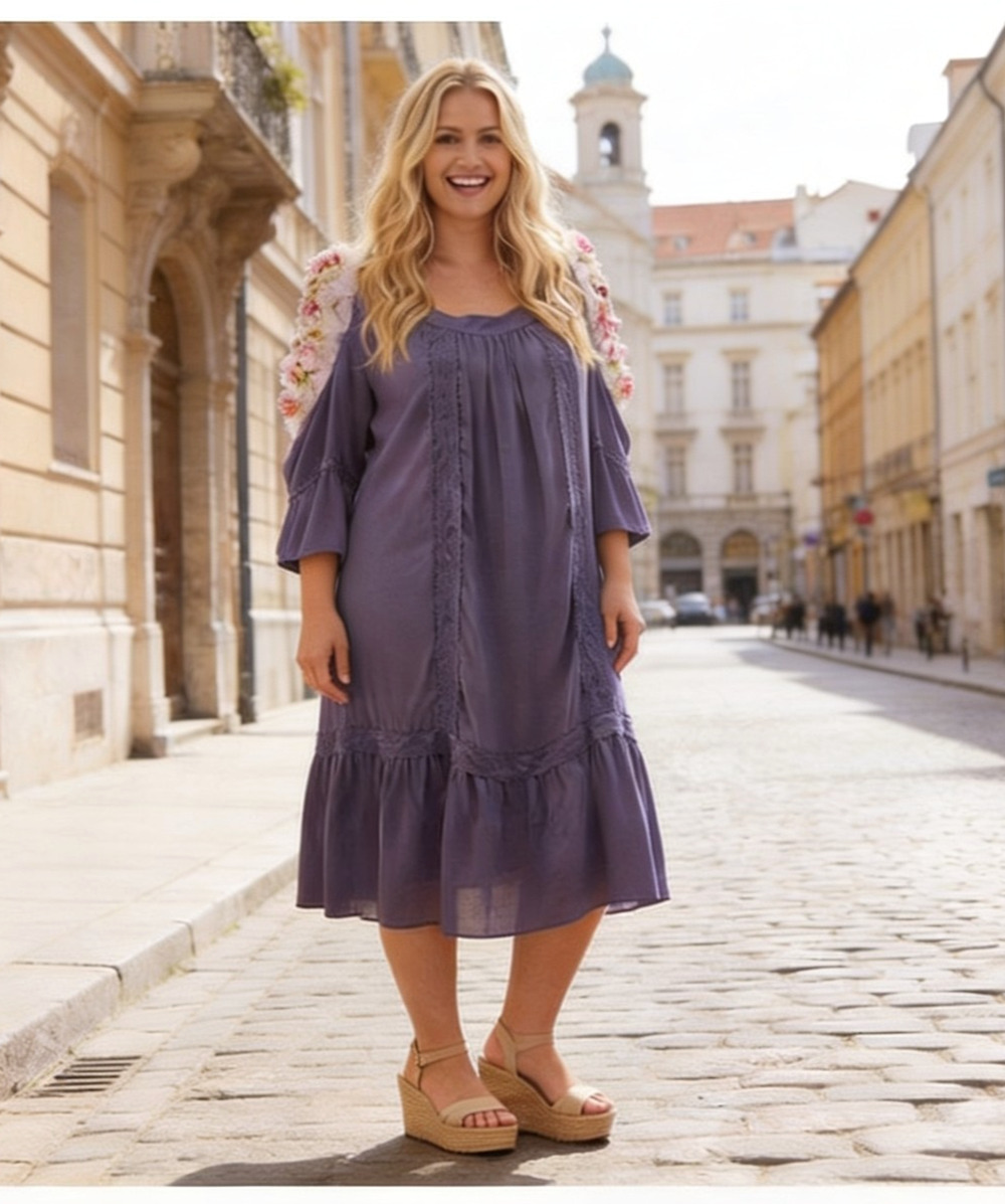 Terra and Sky midi boho dark periwinke boho vintage look dress with flowers 2X